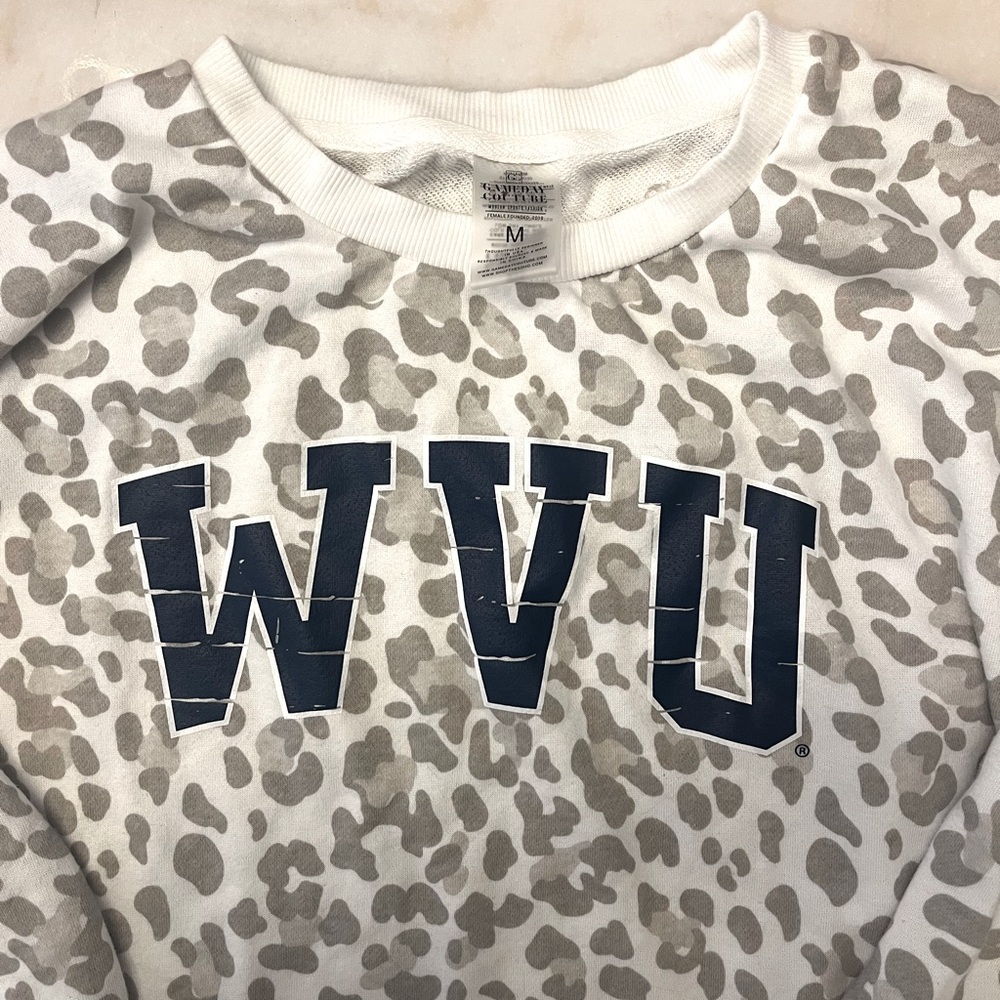 Gray and white leopard print WVU sweatshirt